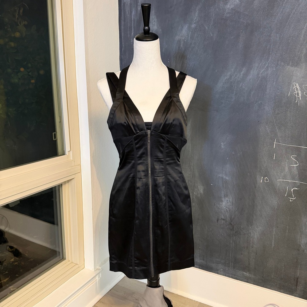 bebe Y2K Black Satin Mesh Halter Mini Dress Full Zip Bodycon Womens XS